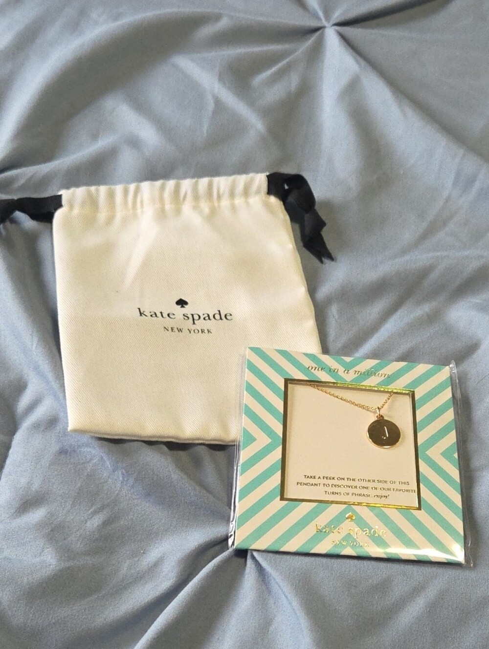 kate spade Gold Disc Pendant Necklace with Ivory Pouch (Initial J)